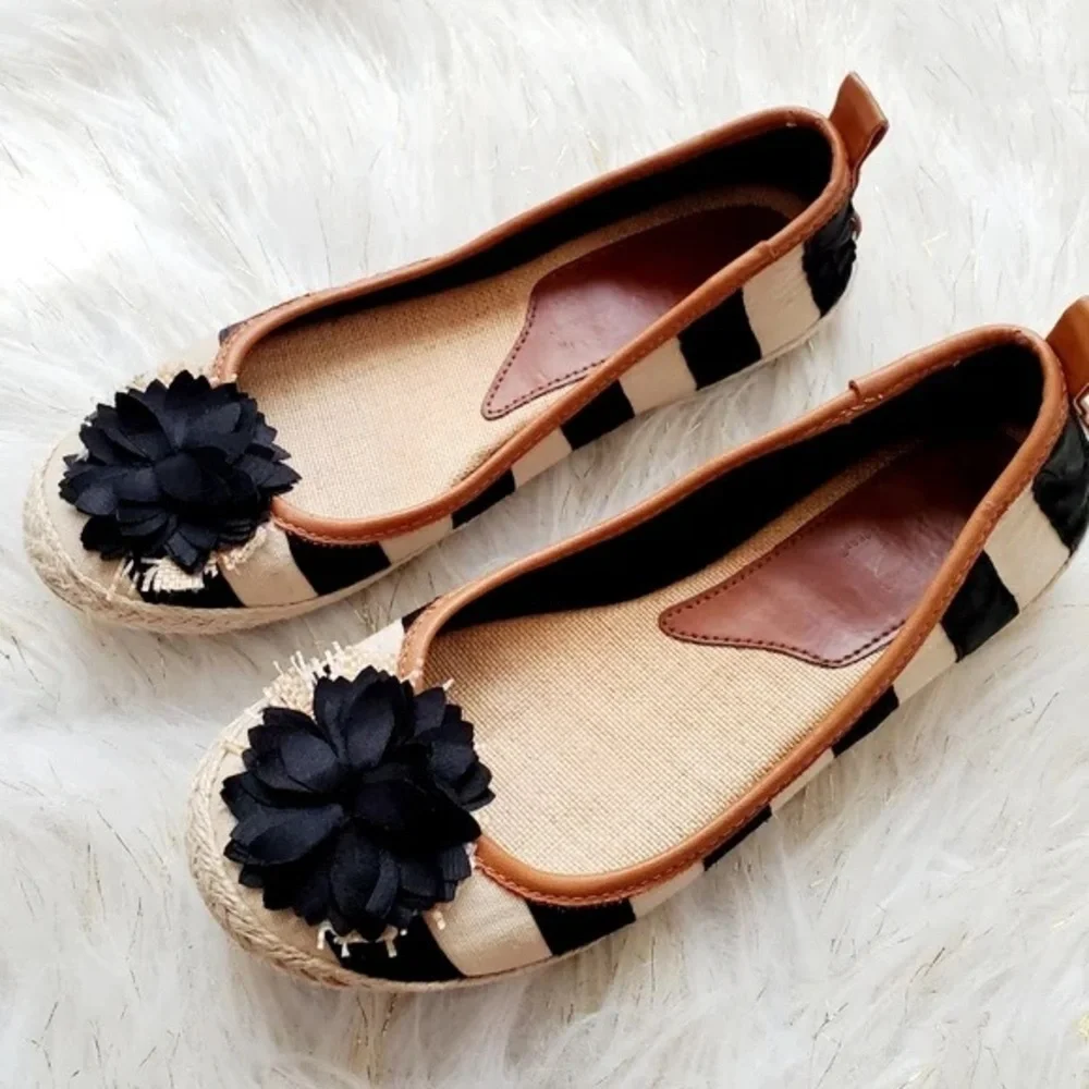 Kim Rogers Black and White Espadrilles with Striped Pattern Size 7.5